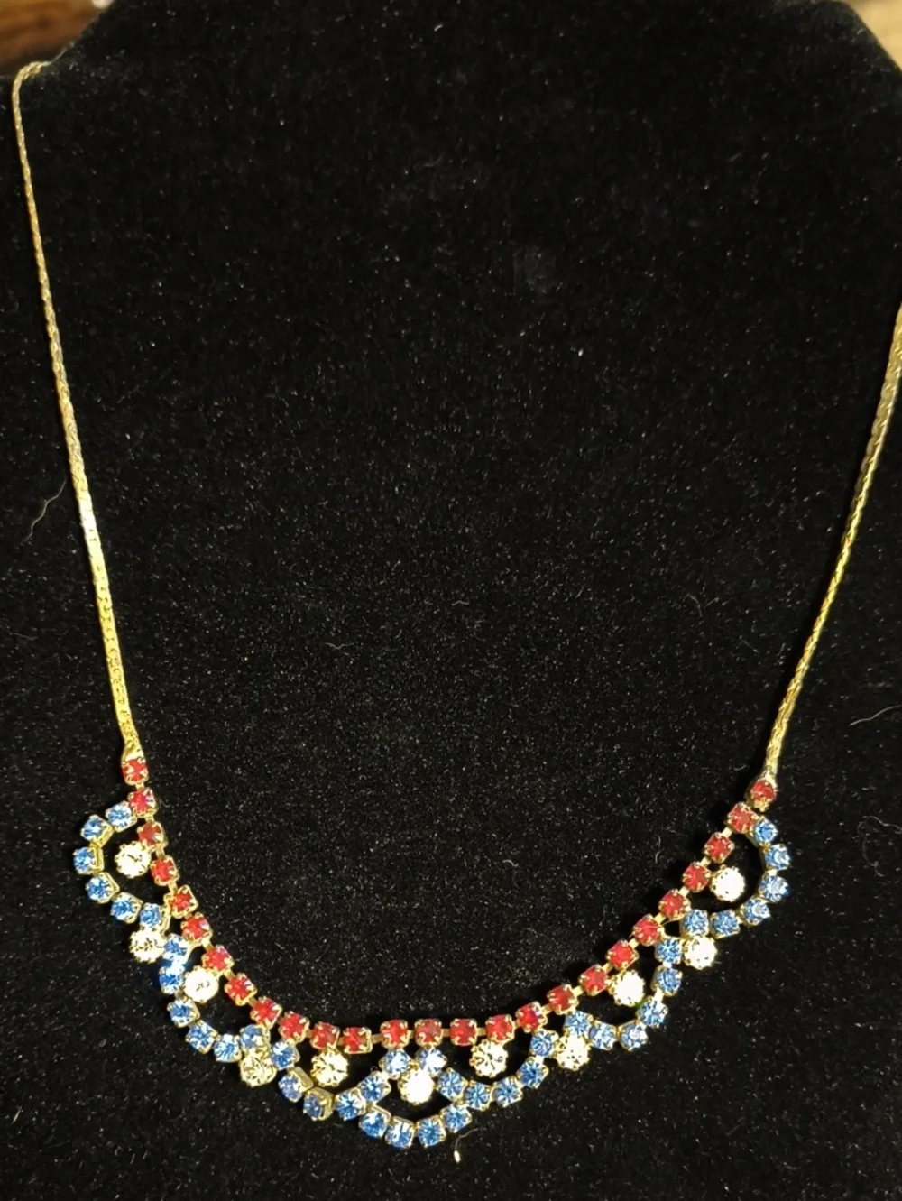 Vintage Gold-Tone Necklace with Red and Blue Rhinestone Accents